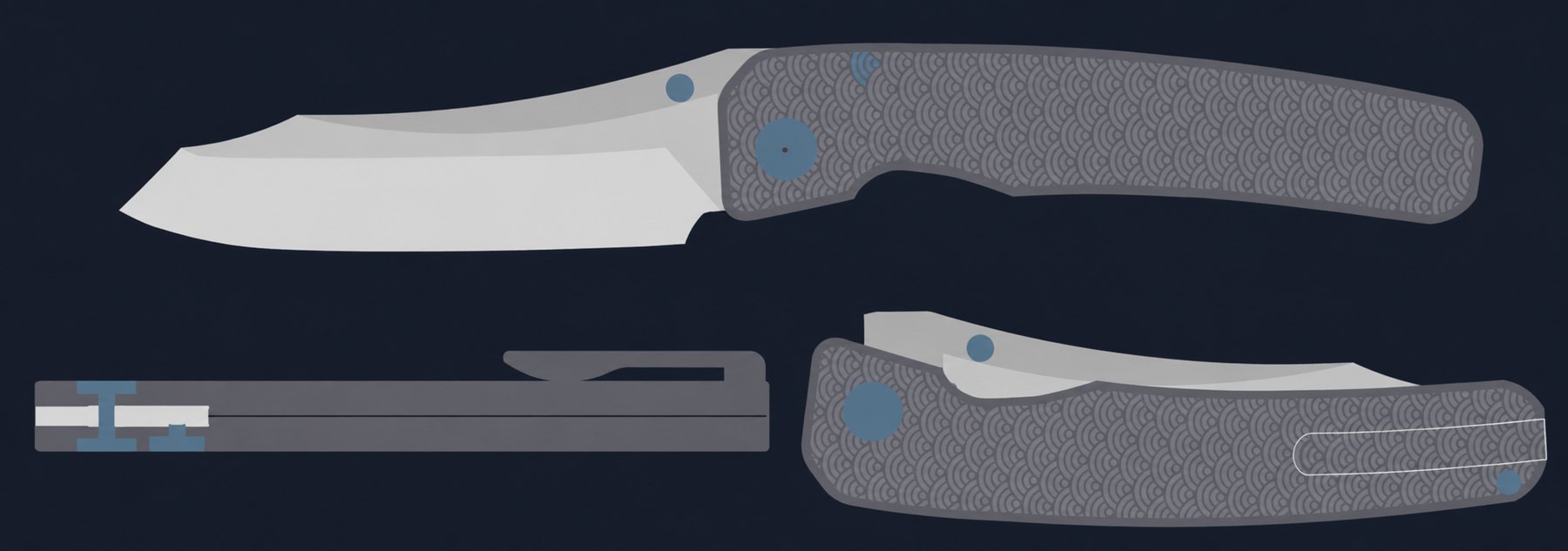 Design render of the Taryn folding knife: open profile, cross-section, and closed clip-side view, with a milled Seigaiha wave pattern across the titanium handle.